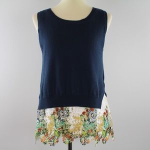 Anthropologie Moth Navy Blue Sleeveless Sweater Tunic Crochet Lace Hemline S